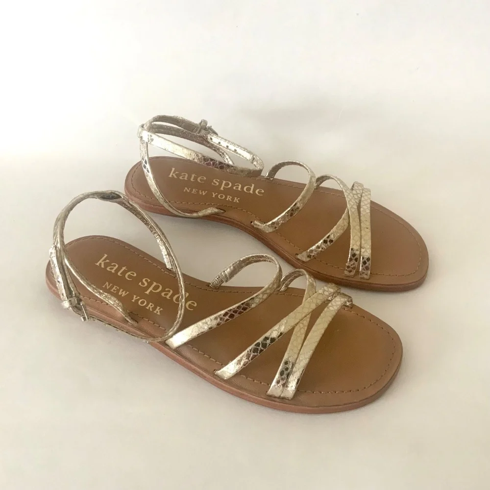 Kate Spade Womens Cove Metallic Gold Snake Leather Flat Ankle strap Sandals 6.5 - Picture 11 of 14